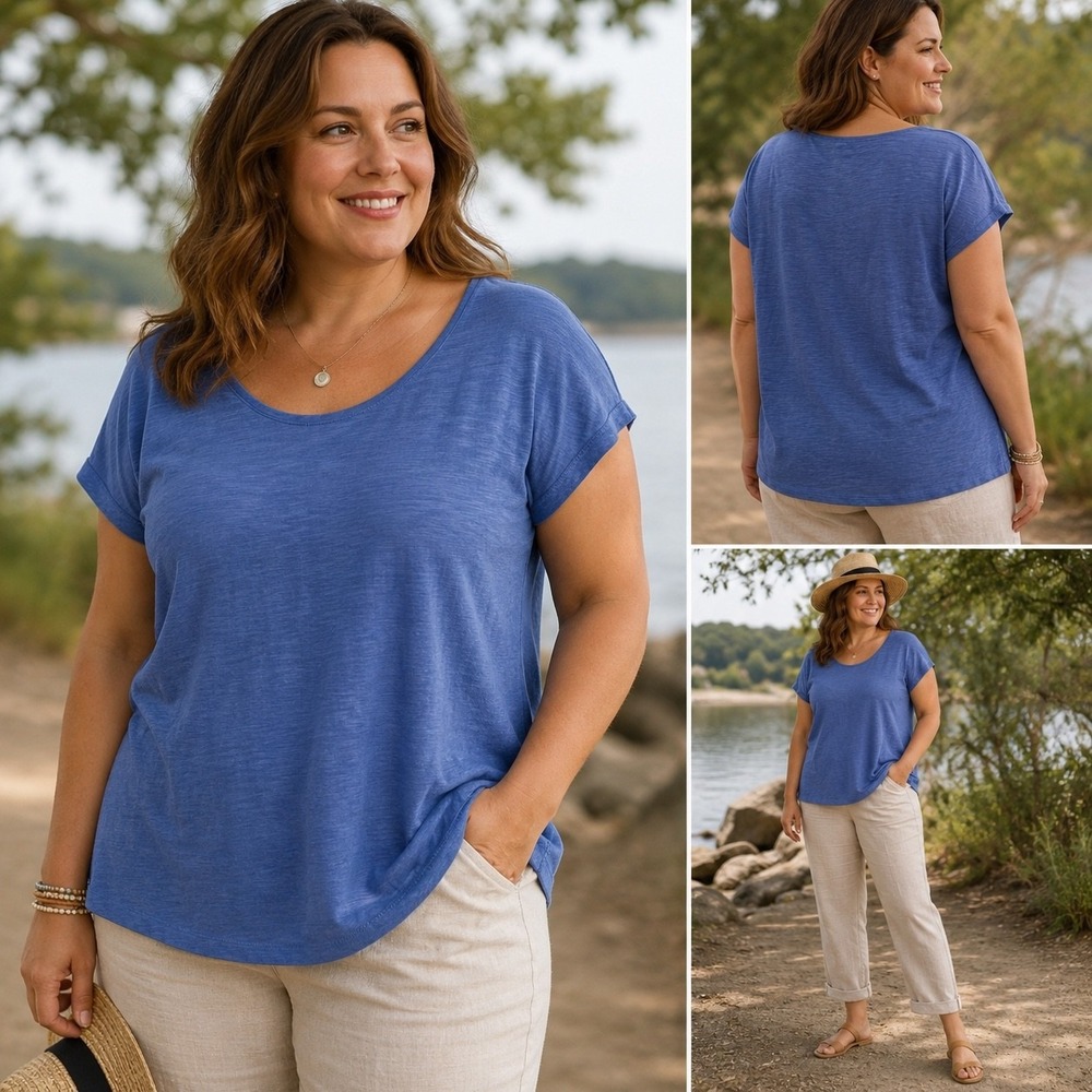 J Jill Slub Tee Large Periwinkle Scoop Neck High Low Cotton Top Cap Sleeve